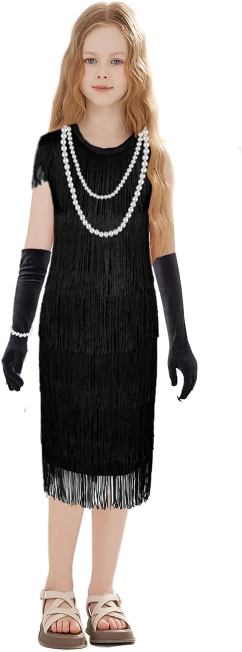 Kids 1920s Flapper Costume for Girls Dress with Accessories Set Kids Halloween Party Cosplay 4-12 Years