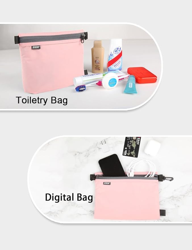 GOX Travel Toiletry Bag Carry On Zipper Pouch Cosmetic Kit Makeup Digital Bag Water Repellent Nylon (Pink)