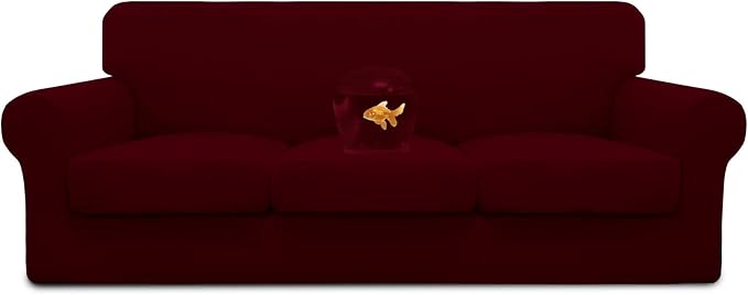 Easy-Going 100% Dual Waterproof Oversized Cover Stretch Soft Couch Cover for Dogs, Sofa Slipcover for 3 Separate Cushion Couch Leakproof Furniture Protector for Kids, Pets Wine