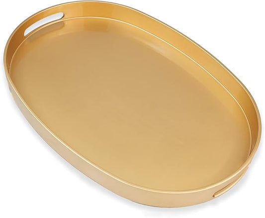 Omuriko Gold Oval Decorative Tray with Handles, Versatile Serving Tray for Coffee Table, Ottoman, Ideal for Serving, Displaying, Organizing, 15.3"*10.6"*1.37"