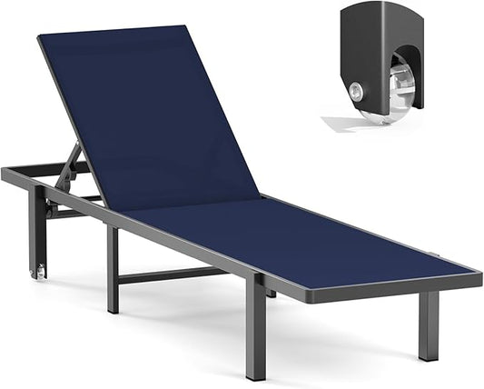 Aluminum Chaise Lounge Chair Outdoor with Wheels, Patio Lounge Chair with Adjustable 5-Position Recliner and Full Flat Tanning Chair for Patio, Beach, Pool, Navy Blue