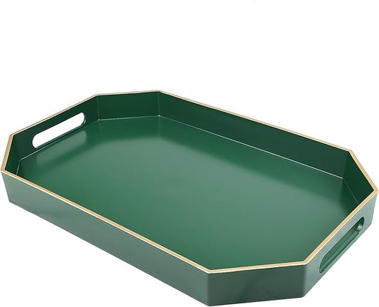 Omuriko Green Decorative Tray with Handles, Versatile Serving Tray for Coffee Table, Ottoman, Ideal for Serving, Displaying, Organizing, 15.7"*10.2"*1.57"