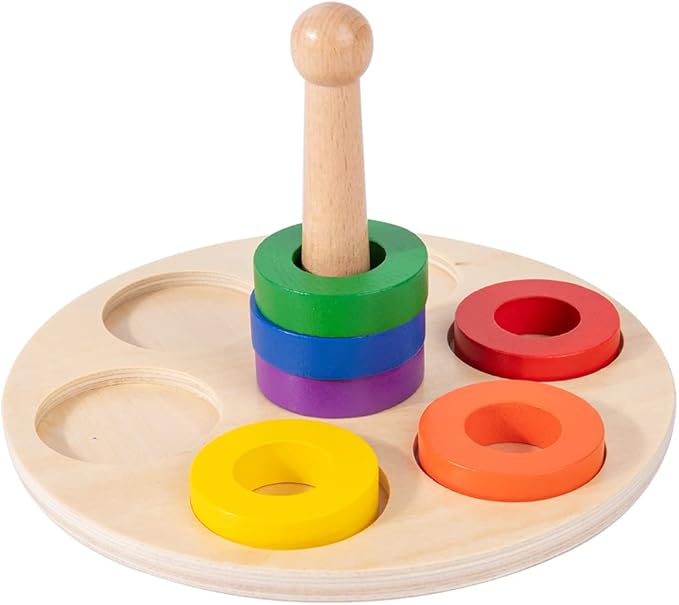 Adena Montessori Wooden Stacking and Sorting Ring,Wooden 6 Rings on Peg,Wooden Rainbow Stacking Rings Baby Toy, Stacker Toys for Infants and Toddlers,Wood Educational Developmental Toy Multicolor