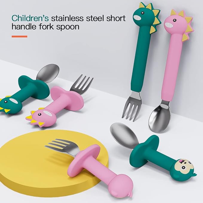 Toddler Utensils Stainless Steel Forks and Spoons Safe Children's Cutlery Set Handle Cartoon Cute for Baby (Green Dinosaur - Short)