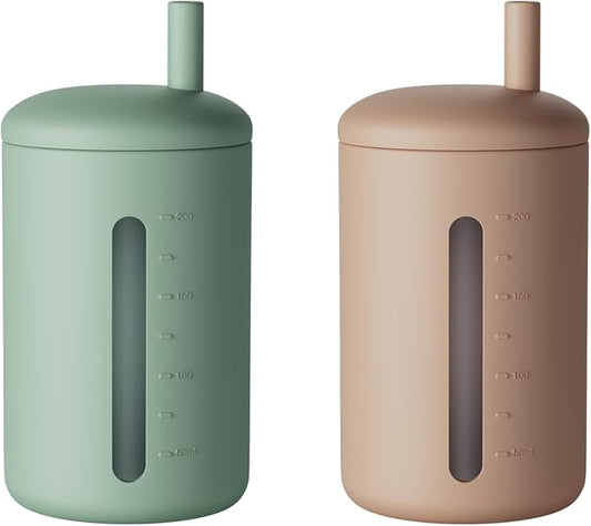 Silicone Straw Cup, 200ml Trainer Cup Toddler Training Straw Cup for Boys and Girls, Unbreakable, 100% Food Grade Silicone (Natural/Cambridge Blue)