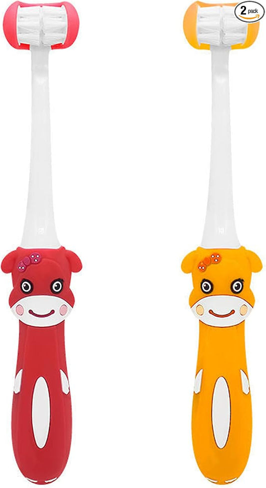 2 Pieces 3 Sided Toddler Toothbrush, Three Bristles for Kids Toothbrush, Autism Soft Bristles Toothbrush,Soft and Gentle for Complete Tooth and Gum Care (C4（Red+Orange） Kids)