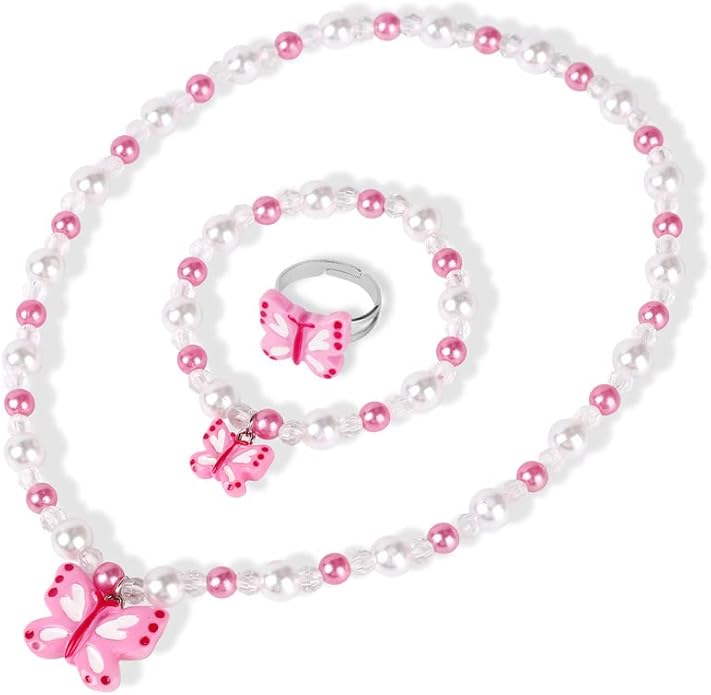 Butterfly Stretch Necklace Little Girl Toddler Necklace Bracelet Set, Little Princess Jewelry Kids Play Necklaces Butterfly Rings for Kids (B)