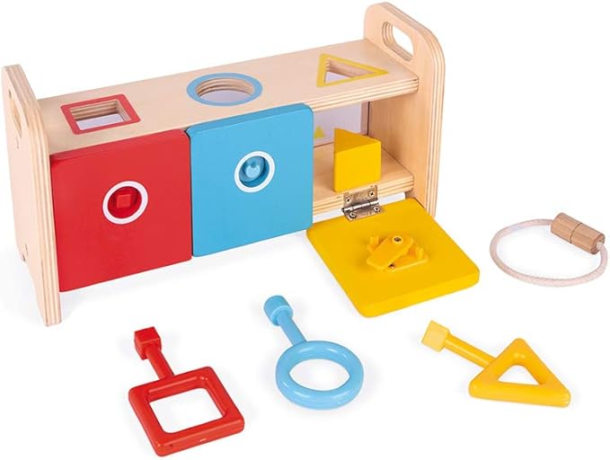Janod Shape Sorter Box with Keys – Wooden Sorting Toy with Geometric Shapes – Ages 18+ Months- J05065