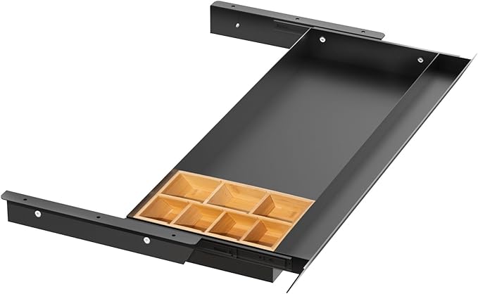 Large Under Desk Mounted Sliding Drawer with Bamboo Tray and 60 Degree Tilt Panel to Pull Out, 30'' Long & 13'' deep Large Storage Organizer for Sit Stand Workstation