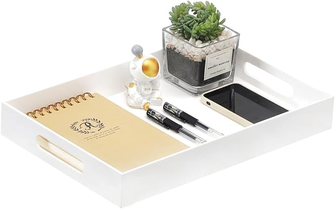 BEYLANG Glossy White Sturdy Acrylic Serving Tray with Handles-12x20Inch-Serving Coffee,Appetizer,Breakfast,Butler-Kitchen Countertop Tray-Makeup Drawer Organizer-Vanity Table,Ottoman Tray-Decorative