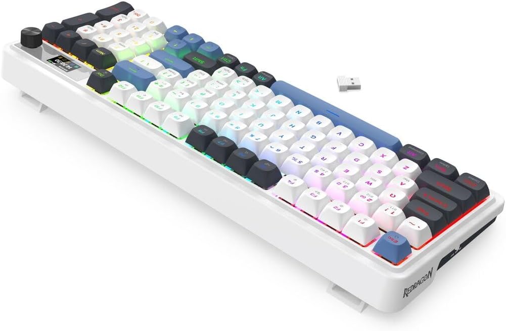 Redragon K719 Wireless Gasket Gaming Keyboard w/Hype Screen & Knob, 95 Keys Mechanical Keyboard, Easy-Control 1.14’’ TFT Info Display, 5-Layer Noise Dampener, Round PBT Keycaps, Mint Mambo Switch