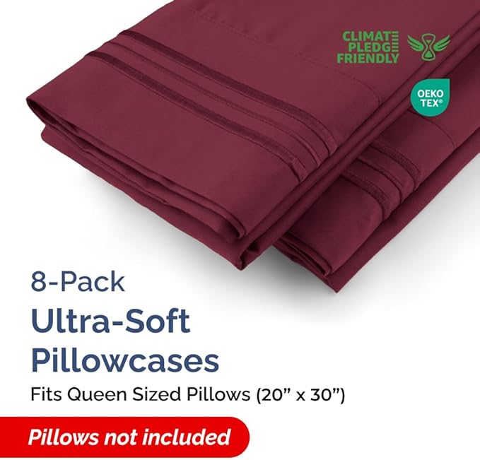 Queen Pillow Cases Set of 8 - Ultra Soft Hotel Quality Pillowcase Covers - Comfy, Cozy & Wrinkle Free - Shrink, Stain and Fade Resistant - Machine Washable Pillow Protectors - 8 Piece Set - Burgundy