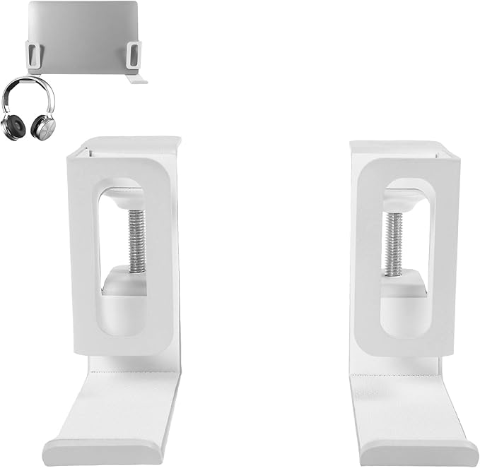 Desk Side Laptop Stand, Vertical Desk Side Laptop Holder with Headphone Stand, Adjustable Length Mount Storage Rack, No Drill Clamp Organizer for Laptops, Tablets, Keyboards (White)