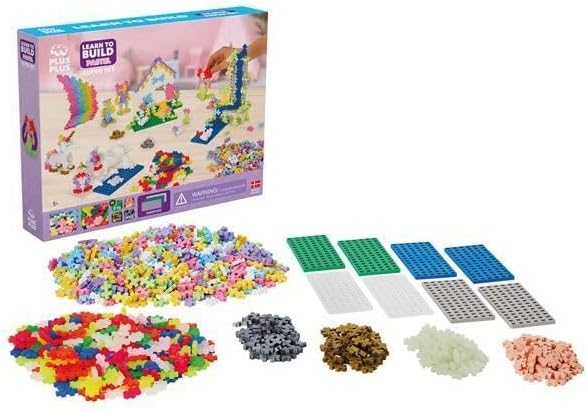 Plus-Plus - Learn to Build Super Set - Pastel Mix, 1,200 Pieces w/ 4 Baseplates - Construction Building Stem/Steam Toy, Interlocking Mini Puzzle Blocks for Kids