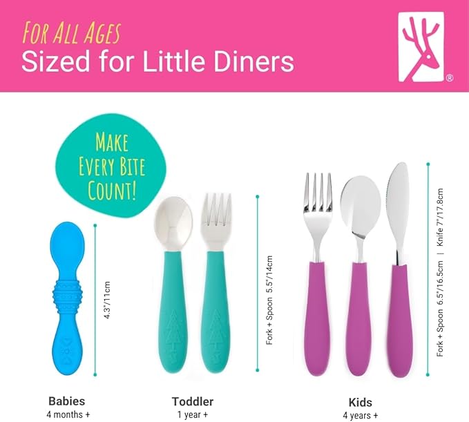 Elk and Friends Kids Silverware with Silicone Handle | Childrens Safe Flatware | Kids Utensils | Spoon + Fork + Knife set | 4 years+ | 6 Pieces
