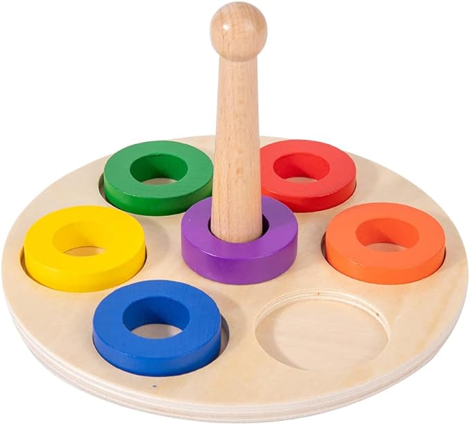 Adena Montessori Wooden Stacking and Sorting Ring,Wooden 6 Rings on Peg,Wooden Rainbow Stacking Rings Baby Toy, Stacker Toys for Infants and Toddlers,Wood Educational Developmental Toy Multicolor