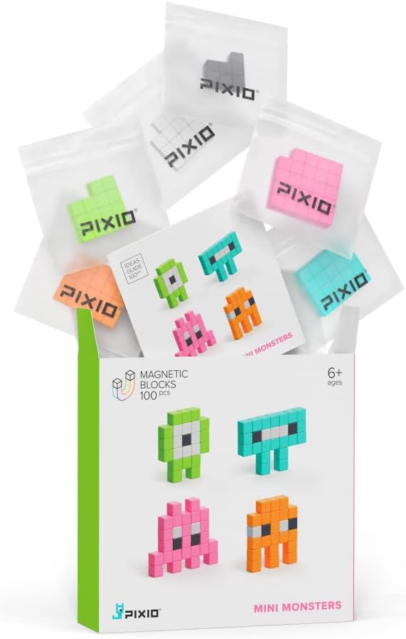 PIXIO Mini Monsters - Tiny Magnetic Blocks Building Toy in The Pixel Art Style with Free App - 5/16" Plastic Cubes with 6 Magnets Inside - Open Ended Toy - Creativity Toy for Ages 6+