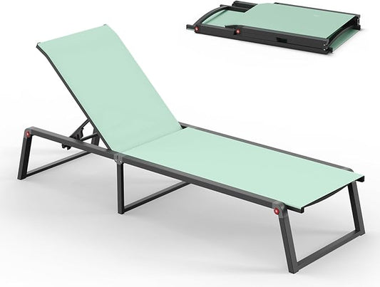 Aluminum Chaise Lounge Chair Outdoor, Foldable & Assembly Free Patio Pool Lounge Chairs 5-Position Recliner for Outside Poolside, Fully Grounded Legs Sun Lounger for Beach, Yard, Light Green