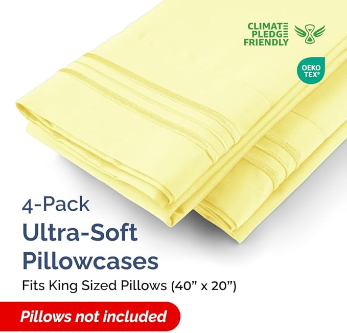 King Pillow Cases Set of 4 - Ultra Soft Hotel Quality Pillowcase Covers - Comfy, Cozy & Wrinkle Free - Shrinkage, Stain and Fade Resistant - Machine Washable Pillow Protectors - 4 Piece Set - Yellow