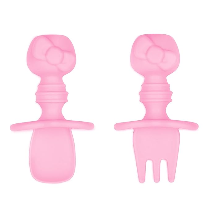Bumkins Baby Utensils Set, Chewtensils Silicone Spoons for Dipping, Self-Feeding, Baby Led Weaning, Trainer Learning, First Stage Eating, Soft Practice Fork and Spoon, 6 Months, Hello Kitty Pink