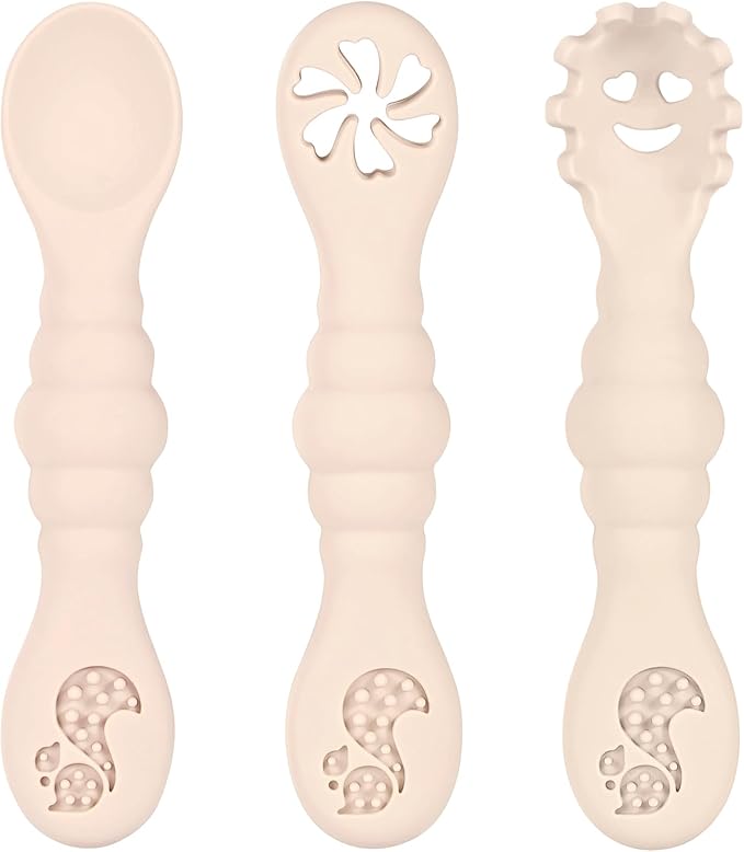 Silicone Baby Spoons Self Feeding 6+ Months 3PCS Toddler Forks and Spoons Utensils Baby Led Weaning Teething Spoon Infant Spoons First Stage Newborn Baby Essentials Baby Gifts Beige
