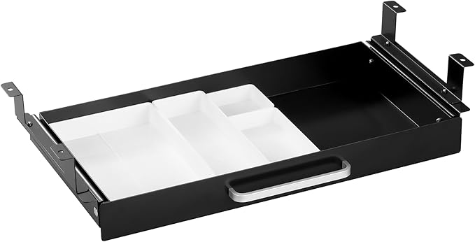 OSteed Under Desk Drawer Black 21" with 4 Divider Trays, Under Shelf Pencil Drawer Pull-out, Standing Desk Metal Storage Attachment Slide Out for Workbench