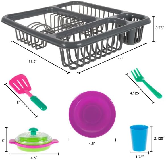 Hey! Play! Kids Play Dish Set, 27 Piece Tableware Dish Set with Dish Drainer – for Kitchen Playset and Pretend Food, Toys for Boys and Girls