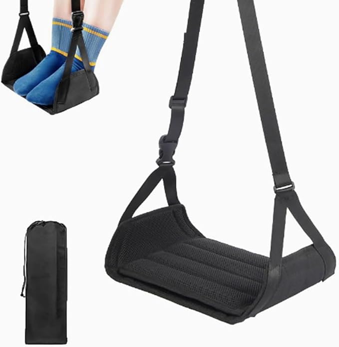 Takelablaze Airplane Travel Footrest Hammock with Hard Board Support and Adjustment Strap Desk Foot Hammock Comfy Footrest for Airplane Long Trip Travel Accessories