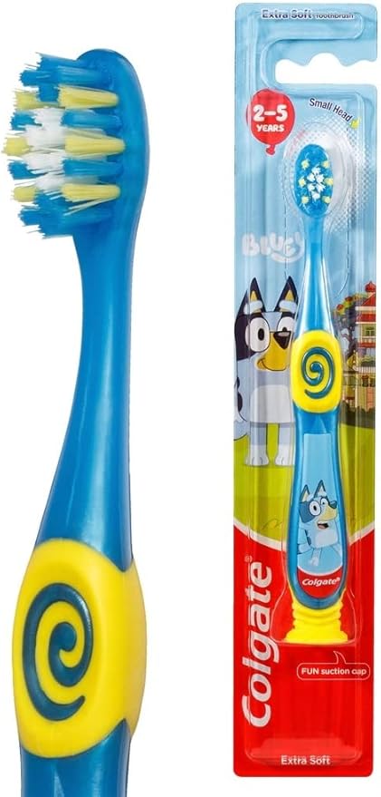 Colgate Bluey Toothbrush for Children with Suction Cup, Kids 2-5 Years Old, Extra Soft (Colors & Characters Very) - Pack of 3