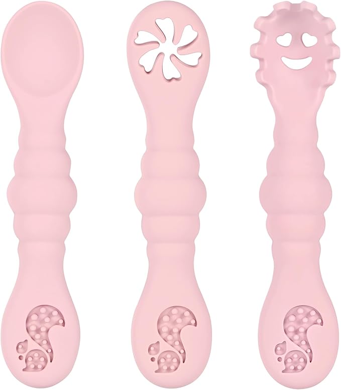 Silicone Baby Spoons Self Feeding 6+ Months 3PCS Toddler Forks and Spoons Utensils Baby Led Weaning Teething Spoon Infant Spoons First Stage Newborn Baby Essentials Baby Gifts Pink
