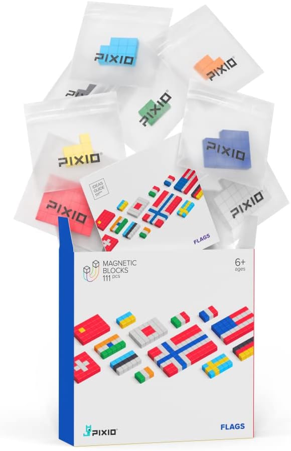 PIXIO Flags - Magnetic Building Blocks for Kids Over 6 Years, Pixel Art, STEM Magnet Toys for Kids Ages 8-12, Portable Magnetic Blocks for Creativity - 162 pcs