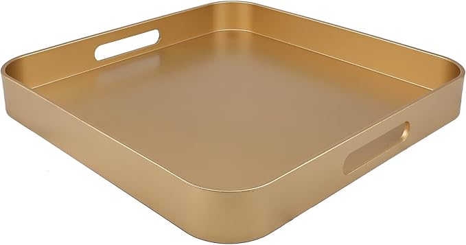 Omuriko Gold Square Decorative Tray with Handles, 13"*13" Versatile Serving Tray for Coffee Table, Ottoman, Ideal for Serving, Displaying, Organizing