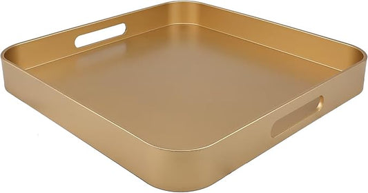 Omuriko Gold Square Decorative Tray with Handles, 13"*13" Versatile Serving Tray for Coffee Table, Ottoman, Ideal for Serving, Displaying, Organizing