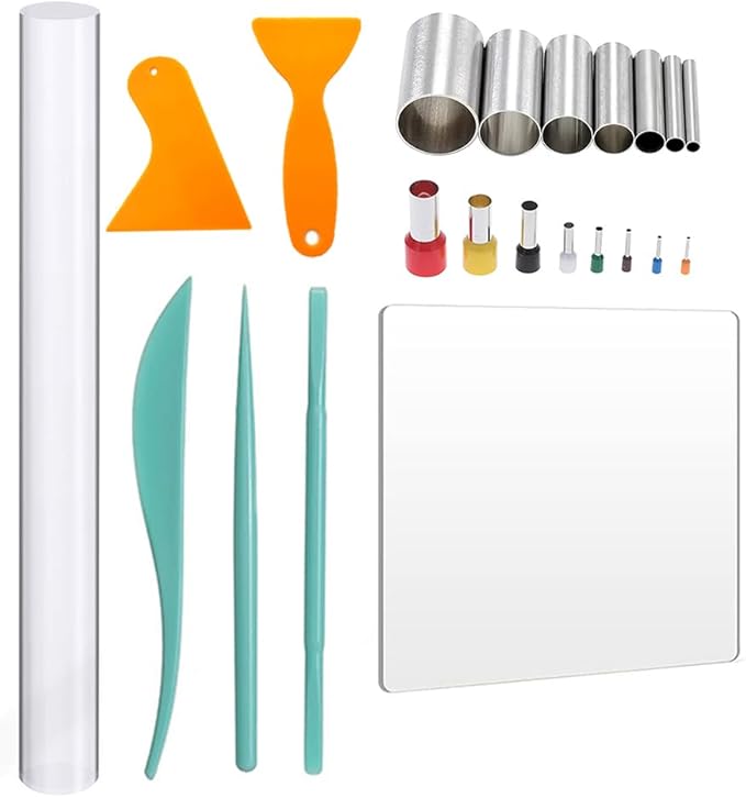 22PCS Polymer Clay Tool Set Acrylic Clay Roller with Acrylic Sheet Backing Board Clay Modeling Shaping Tool Plastic Clay Scraper Round Shape Clay Cutters for Pottery Polymer Clay DIY Sculpting Craft