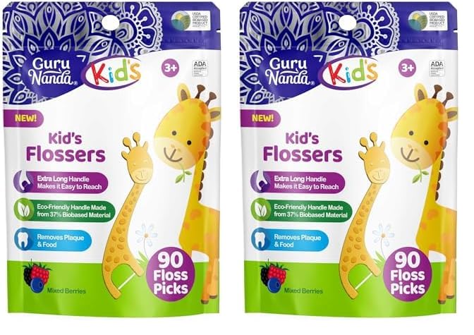 GuruNanda Dental Floss Picks for Kids, Extra-Long Giraffe-Shaped Picks with Fluoride, Anti-Slip & Shred-Resistant Design & Eco-Friendly Handle & Berry Flavor, Ideal for Ages 3+, 90 Count (Pack of 2)