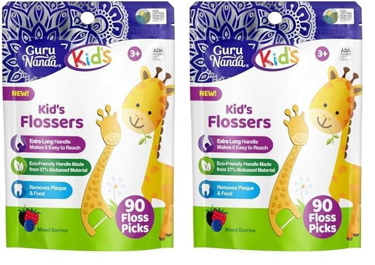 GuruNanda Dental Floss Picks for Kids, Extra-Long Giraffe-Shaped Picks with Fluoride, Anti-Slip & Shred-Resistant Design & Eco-Friendly Handle & Berry Flavor, Ideal for Ages 3+, 90 Count (Pack of 2)