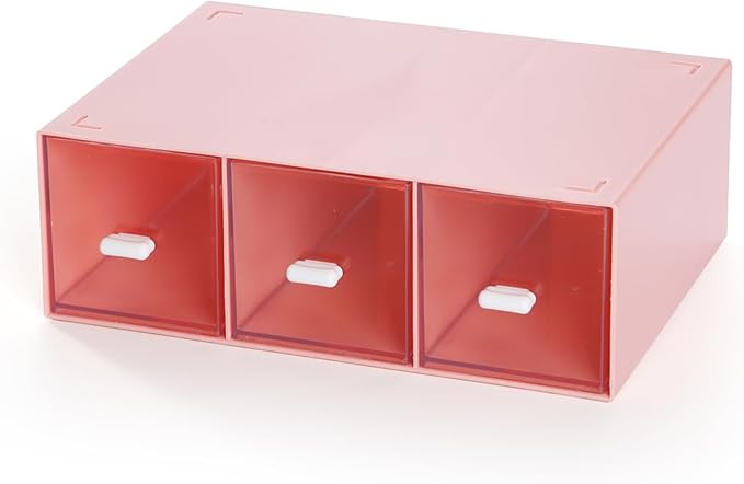 Desktop Drawers, Desk Organizer with 3 Drawers, Stackable Plastic Storage Box for Home Collection, Cosmetics, Jewelry, Office Supplies (1 Tall Layer, Pink)