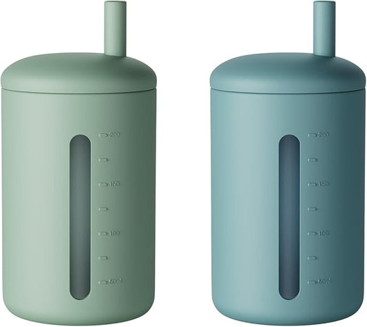 Silicone Straw Cup, 200ml Trainer Cup Toddler Training Straw Cup for Boys and Girls, Unbreakable, 100% Food Grade Silicone (Ether/Cambridge Blue)