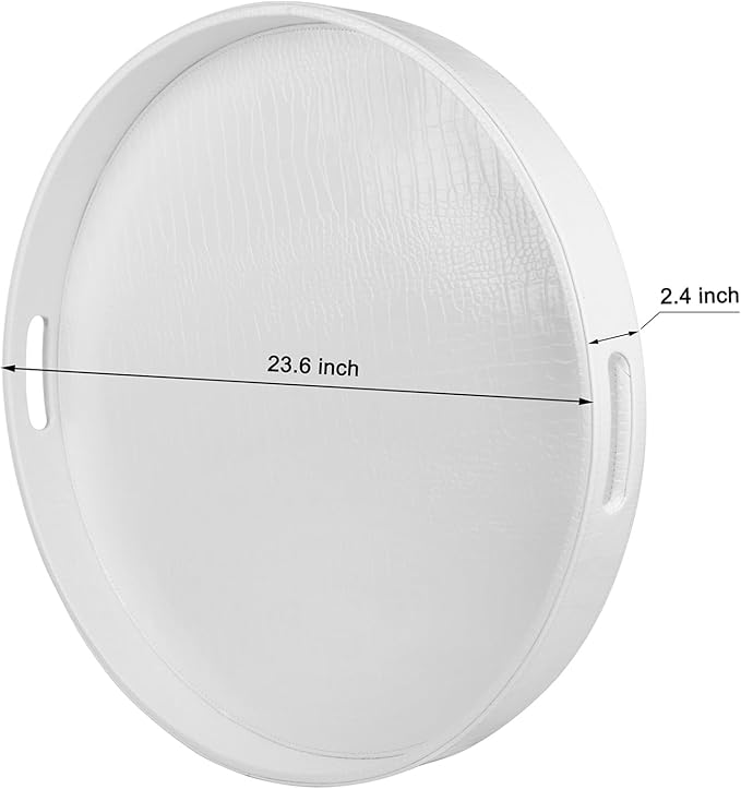HofferRuffer Extra Large Round Serving Tray, Elegant Faux Leather Circle Ottoman Table Tray with Handles, Serve Tea, Coffee or Breakfast in Bed, Diameter 23.6 x 2.4 inches Height (White)