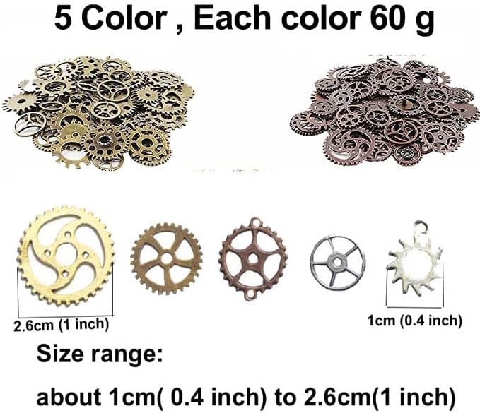 300 Gram Assorted Vintage Antique Steampunk Gears Charms Watch Cog Wheel Sets 5 Color