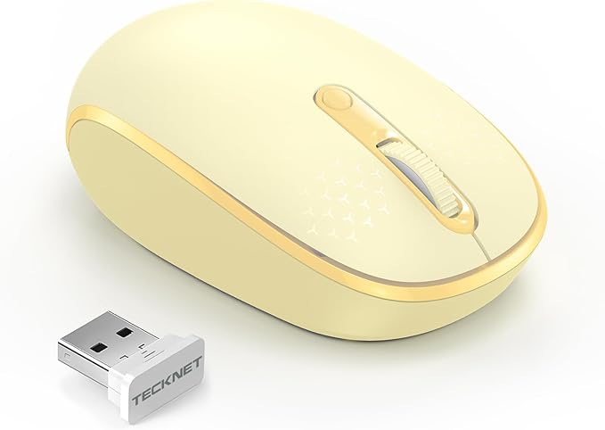 TECKNET Wireless Mouse, 2.4G Quiet Computer Mouse with USB Receiver, 4 Buttons Portable Cordless Mice for Chromebook, Laptop, PC, Mac, 800/1200/1600 DPI - Yellow