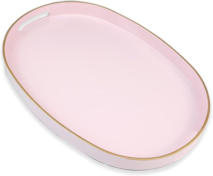 Omuriko Pink Oval Decorative Tray with Handles, Versatile Serving Tray for Coffee Table, Ottoman, Ideal for Serving, Displaying, Organizing, 15.3"*10.6"*1.37"