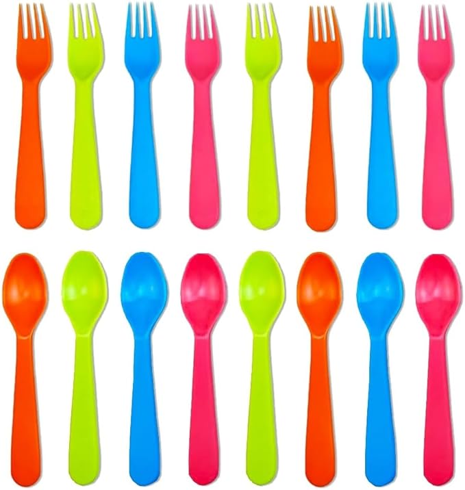 Jawbush 16 Pcs Kids Utensils Set, Plastic Kids Forks and Spoons Set, Reusable Toddler Utensils Kids Silverware Cutlery Set, Durable Flatware Set for Lunch Box, Easy to Use for Kids and Adults,BPA Free