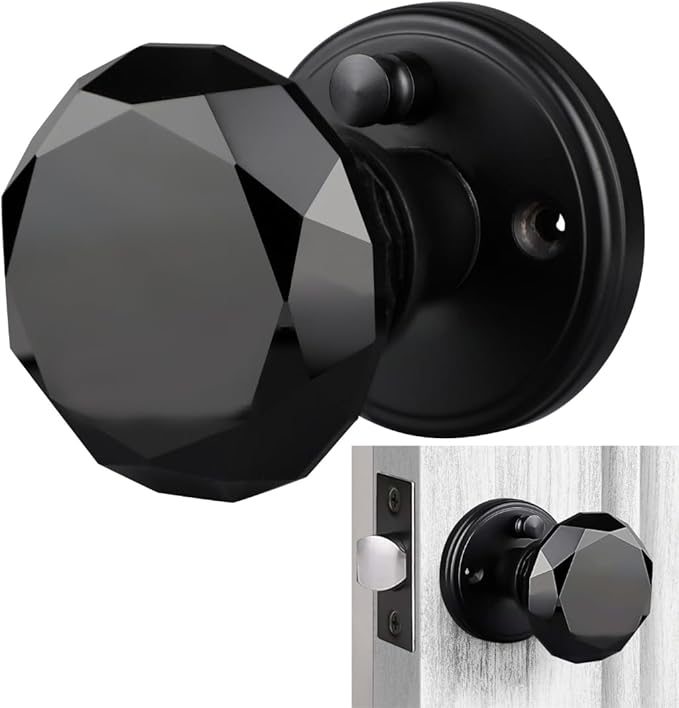 Black Crystal Door Knob with Lock, Glass Door Knobs Interior Privacy Set, Vintage Decorative Antique Style Handle for Bedroom, Bathroom, Closet, 1 Pack