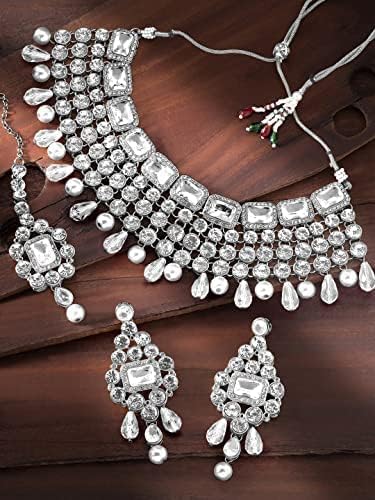 Aheli Kundan and Simulated Colored Stones Indian Ethnic Maang Tikka Necklace and Earrings Set Bollywood Festive Statement Jewelry Gift for Women