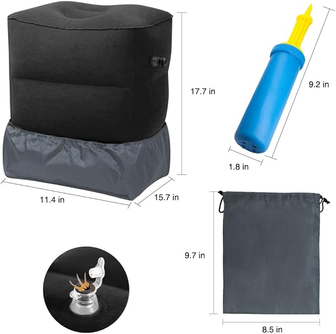 Travel Foot Rest Pillow, Portable Inflatable with Double Hand Pump Adjustable Three Layers Height Pillow for Foot Rest on Airplanes,Cars,Buses,Trains,Office Kids to Sleep on Long Flights (Black 1)