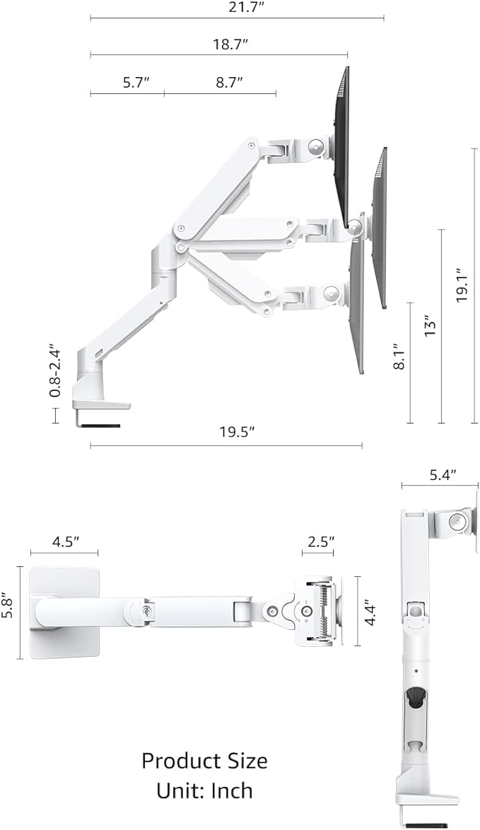 BEWISER Heavy Duty Monitor Arm Mount for 34-49 inches and Ultra 57 inches Screens,Weight Capacity Up to 44 lbs,Full Motion Height Swivel Adjustable Monitor Arm(White)