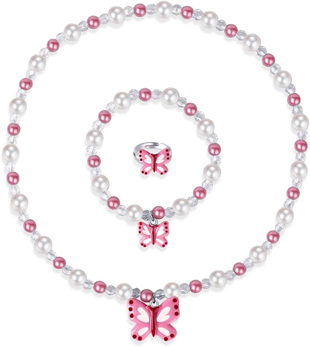 Butterfly Stretch Necklace Little Girl Toddler Necklace Bracelet Set, Little Princess Jewelry Kids Play Necklaces Butterfly Rings for Kids (B)