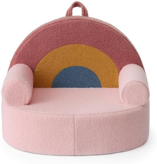 Blissful Diary Toddler Chair Comfy, Foam Kids Chair with Soft Teddy Plush, Toddler Reading Armchair with Cute Rainbow Designs- Blush Pink