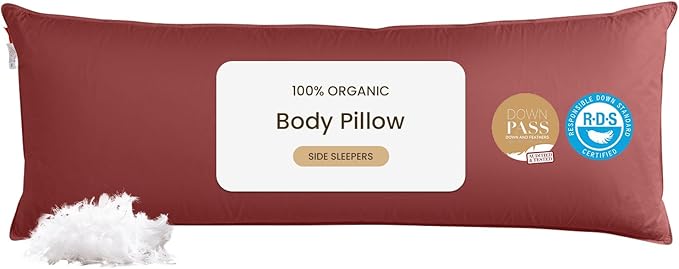 Goose Down Body Pillows for Adults, Large Body Pillow for Side Sleeper, Hugging Feather Body Pillow Insert, Cooling Full Length Long Pillow for Bed with 100% Organic Cotton Shell, (Burgundy 20"x60")